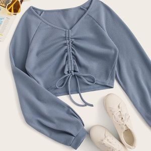 Shein - Ruched Drawstring Knot Waffle Knit Tee